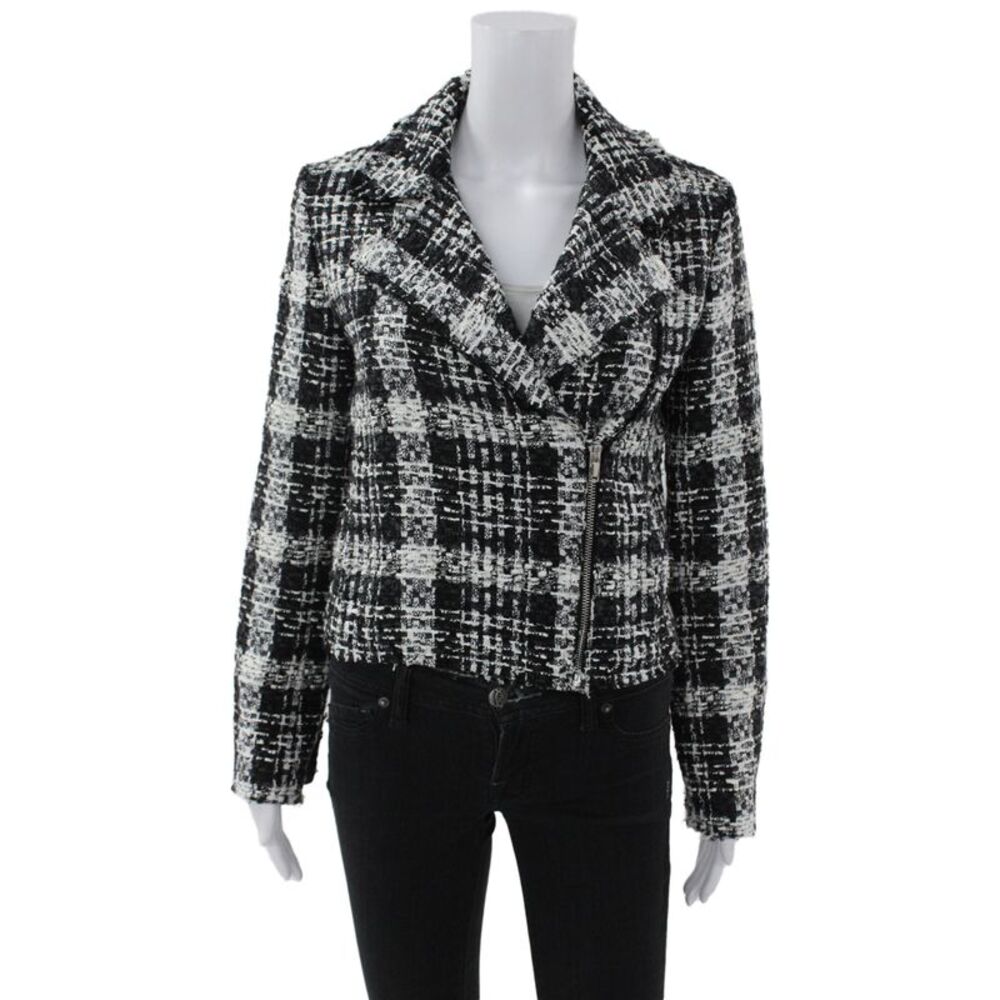 Theory Women Biker Plaid Black Jacket 40% Cotton Zip Size 2